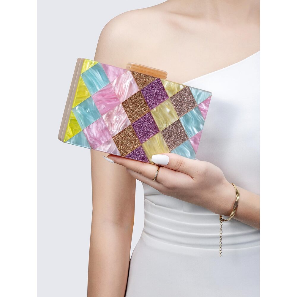 2898 Acrylic Wedding Clutch Marbled Pastoral Plaid Purse Bag Sweet Shoulder - Picture 7 of 7
